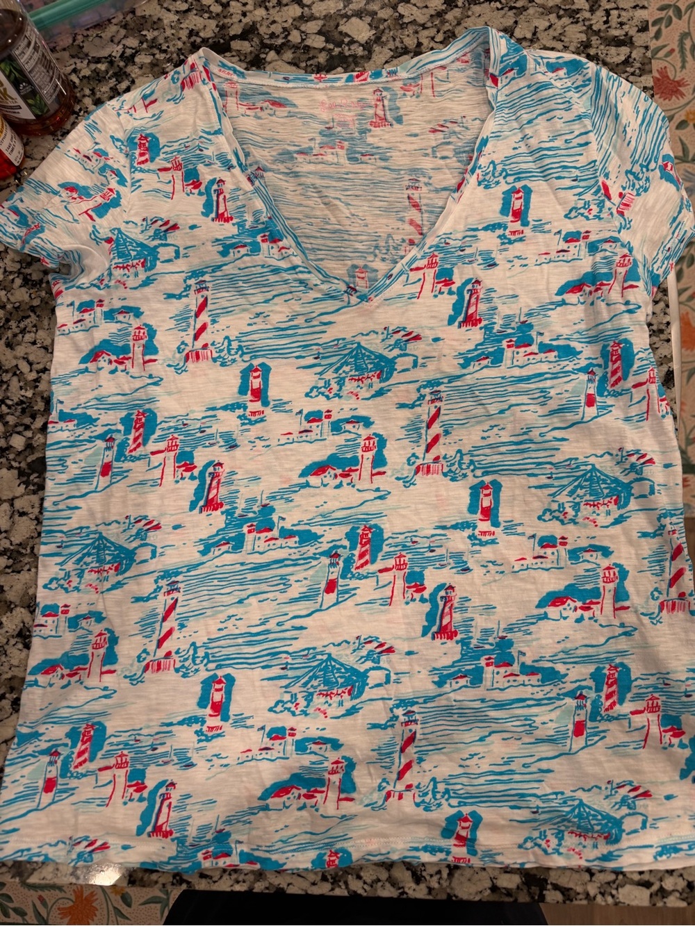 Lilly Pulitzer White Tee with Blue Waves & Red Lighthouses